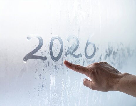 Finger drawing the year 2026 on a frost-covered glass window