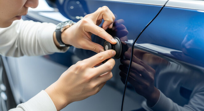 デントリペアで車の凹みを修理する修理工場のマスター