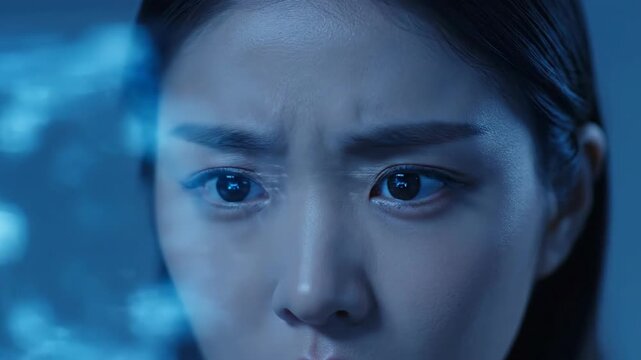 Close-up of a serious Asian woman's face with a focused expression. Concern, anxiety, mystery, mood with blue lighting.