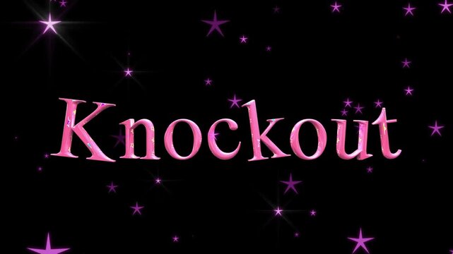 Animated "Knockout" text in shimmering pink stands out on a dark background filled with numerous glistening purple stars.
