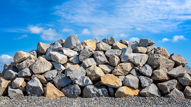 Large pile of construction rocks against a blue sky with clouds.