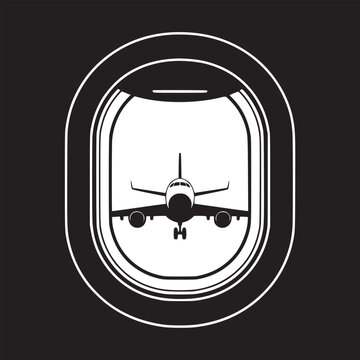 Minimalist airplane window view icon, black and white aircraft silhouette through porthole, modern aviation travel vector illustration