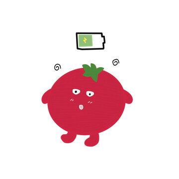 Cute Tomato Character Impasto Style: Red Tomato with Half-Charged Green Battery Icon and Dizziness Swirls, Recovery, Half Power, Relatable Fatigue Concept, Vector Illustration on White Background