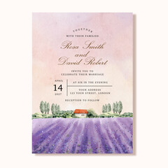 wedding invitation with lavender field landscape watercolor