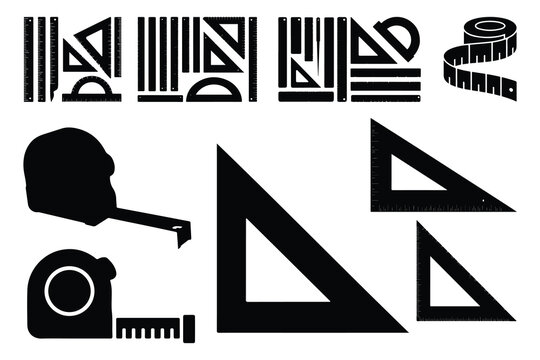 Black drafting tools and rulers on white background