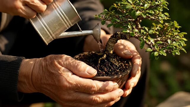 Senior person watering bonsai tree in pot with watering can for plant care.