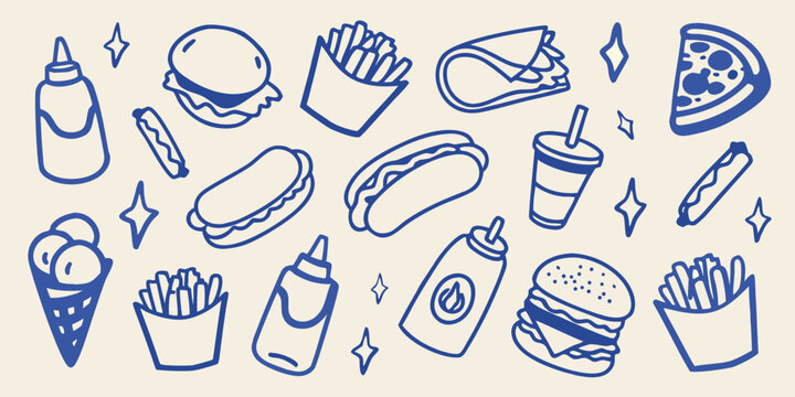 Hand drawn illustration of various fast food items and drinks