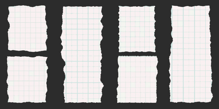 Torn notebook paper sheets arranged on a black background