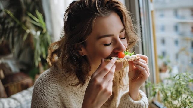Smiling woman enjoying rye crisp bread topped with fresh greens and a cherry tomato while sitting by a window in a cozy space during daylight