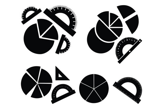 Black pie charts and protractors on white background