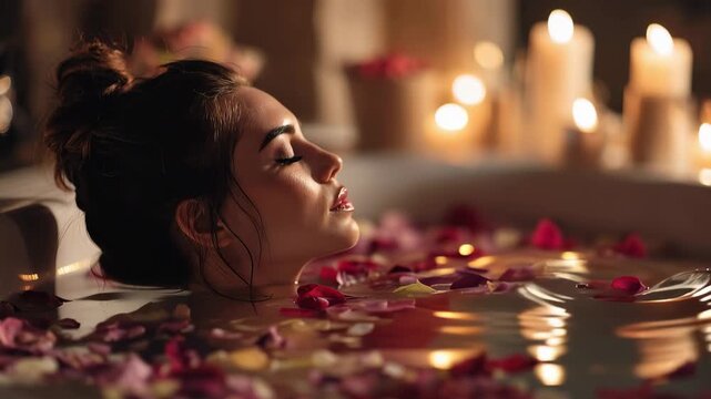 Woman enjoys a tranquil bath surrounded by rose petals and flickering candles in a serene setting