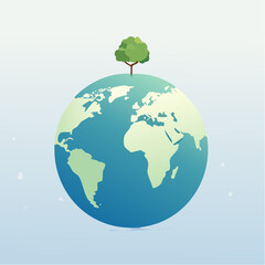 Fototapeta premium Vector illustration of a tree growing on top of planet Earth against a soft blue gradient background, symbolizing environmental protection and sustainability