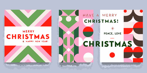 Three vibrant christmas card designs with geometric patterns and festive greetings © Titul