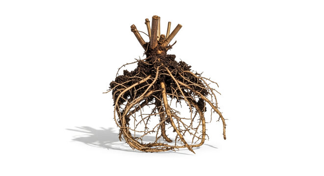 Honeyberry seedling with exposed root system isolated on white background, concept of plant cultivation  