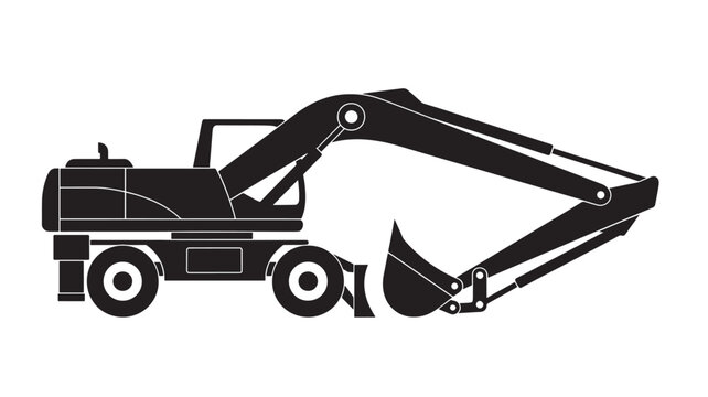 Excavator heavy machinery with articulated arm and bucket, isolated on a white background, side profile view.