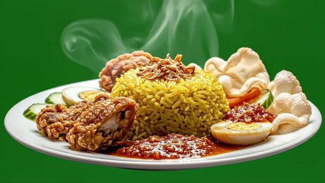 Nasi Kuning Aromatic Yellow Rice Dish With Crispy Fried Chicken And Hard Boiled Eggs Served On A White Plate With Green Background
