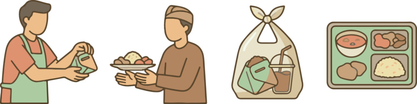 Indonesian Street Food Service Icons with Nasi Bungkus and Meal Tray
