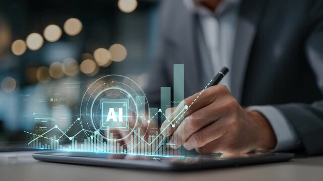 Businessman in modern workspace using tablet as glowing AI icon and rising graph appear, representing artificial intelligence, data-driven growth and modern business performance.
