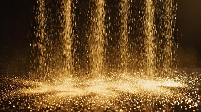 Golden particles cascade downwards, creating a shimmering effect as they accumulate on a dark reflective surface, evoking a sense of luxury