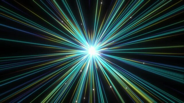 Abstract blue and yellow light rays exploding from a bright central core against a dark background.