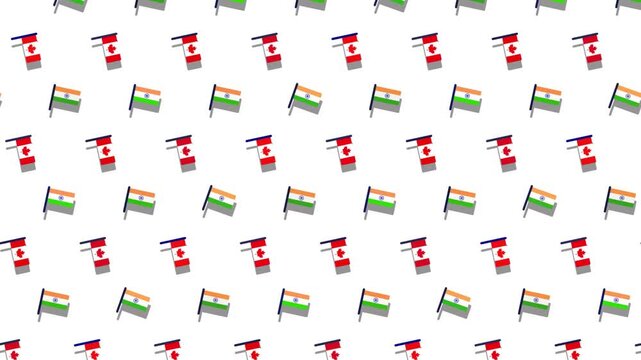 Animated diagonal pattern of Canada and India flags on a white background, seamless loop, multicultural theme.