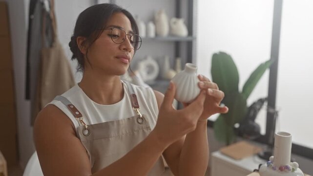 Woman potter gently inspects and turns a small white ceramic vase with hands while wearing an apron in a pottery studio; serenity craft focus.