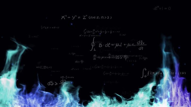 Abstract representation of complex mathematical equations and scientific formulas with vibrant blue and purple fire on a dark background.