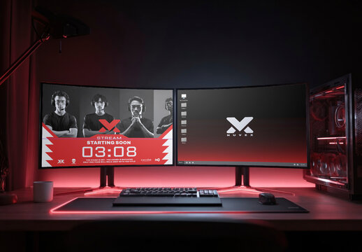 Dual Monitors Mockup Gaming Setup Illuminated PSD