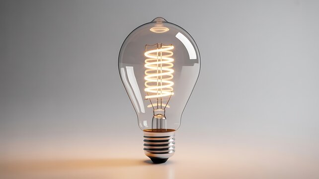 Close-up of a clear glass Edison light bulb with a glowing spiral filament on a light gray background