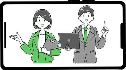 スマートフォン画面に映るビジネスパーソンの男女 オンライン相談 © 暁ねお