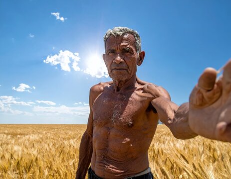 Elderly Farmer in Wheat Field Under Blue Sky.