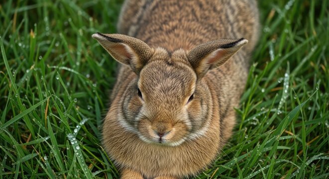 Close-up of a Brown Rabbit in Green Grass.