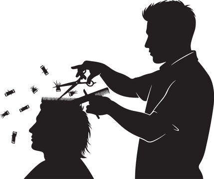 Silhouette of barber cutting hair with scissors and comb
