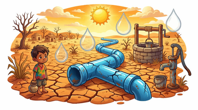 Illustration of a young boy in a cracked desert landscape representing water scarcity with broken pipes, dry wells, and a hot sun under a bright orange sky.