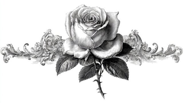 Elegant black and white line art page divider with single rose and baroque ornamental swirls, symmetrical decorative vector design