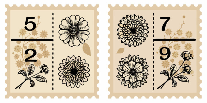 Vintage style postage stamps featuring floral designs and numerical values