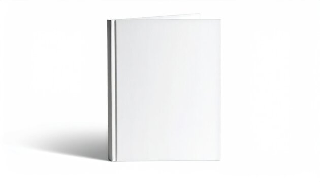 A partially opened book with white covers casts a shadow on a white background