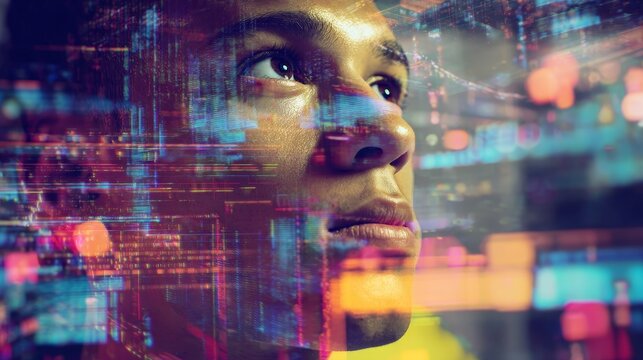 Young mixed race man with double exposure in futuristic digital interface, holographic data overlay, cinematic lighting, focused expression, high-resolution tech environment