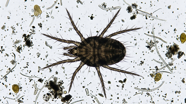 Intricate Microscopic View of a Mite Among Particulates, Vital for Biological and Healthcare Research.