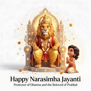 Narasimha jayanti celebration with lion man and young boy in traditional indian attire