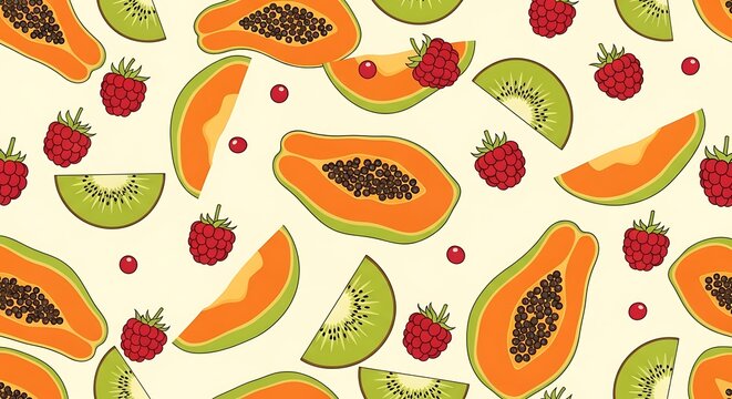 Colorful seamless pattern of sliced papaya kiwi and raspberries