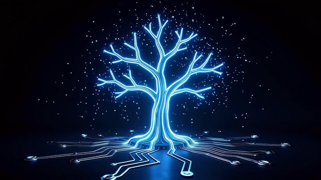 Glowing blue tree with circuit roots