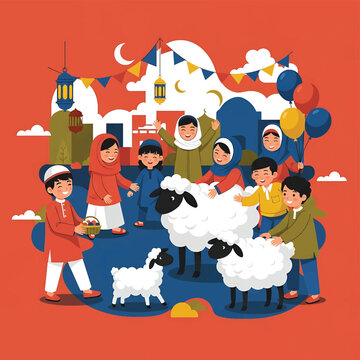 Children interacting with sheep outdoors.