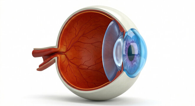 人間の眼球断面図と内部構造を示す詳細な3D解剖学イラスト 医療教育と眼科素材