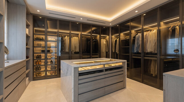 Luxurious modern walk-in closet with glass cabinets and marble island