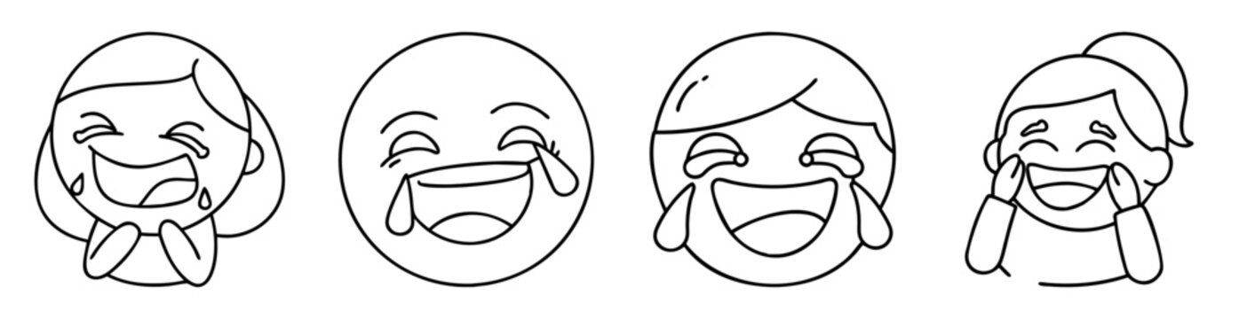 Four cartoon people and smiley face characters laughing hysterically and crying