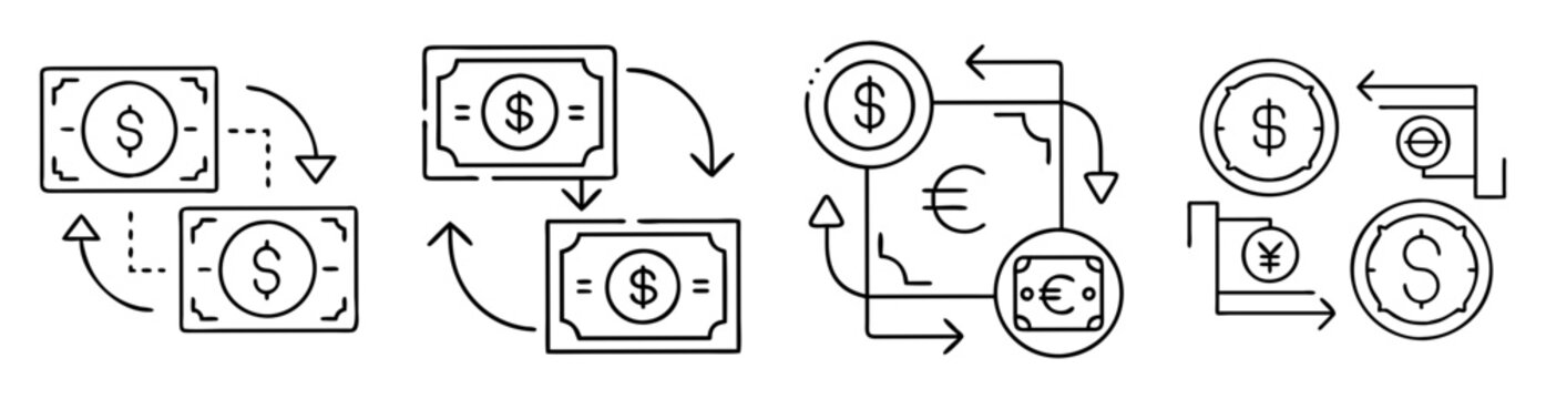 Linear currency exchange icons displaying the global movement of money values