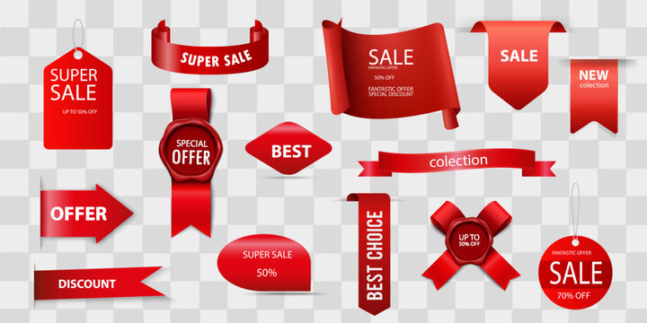 Giveaway tags or labels for social media post. Red announcement 3d banners giveaway contest ribbons.