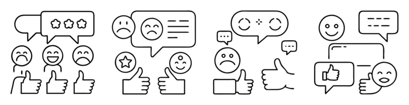 Customer Satisfaction Icons Set Featuring Feedback Emoticons and Thumbs Up Gestures