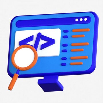A professional 3D icon showing a coding window with brackets and a magnifying glass for software auditing and development